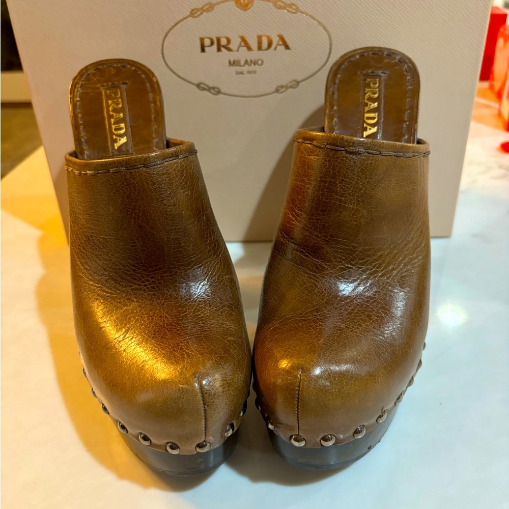 Prada Platform  Retro Clogs / Mules Size 40 Rich Brown With Gold/Silver Accents
